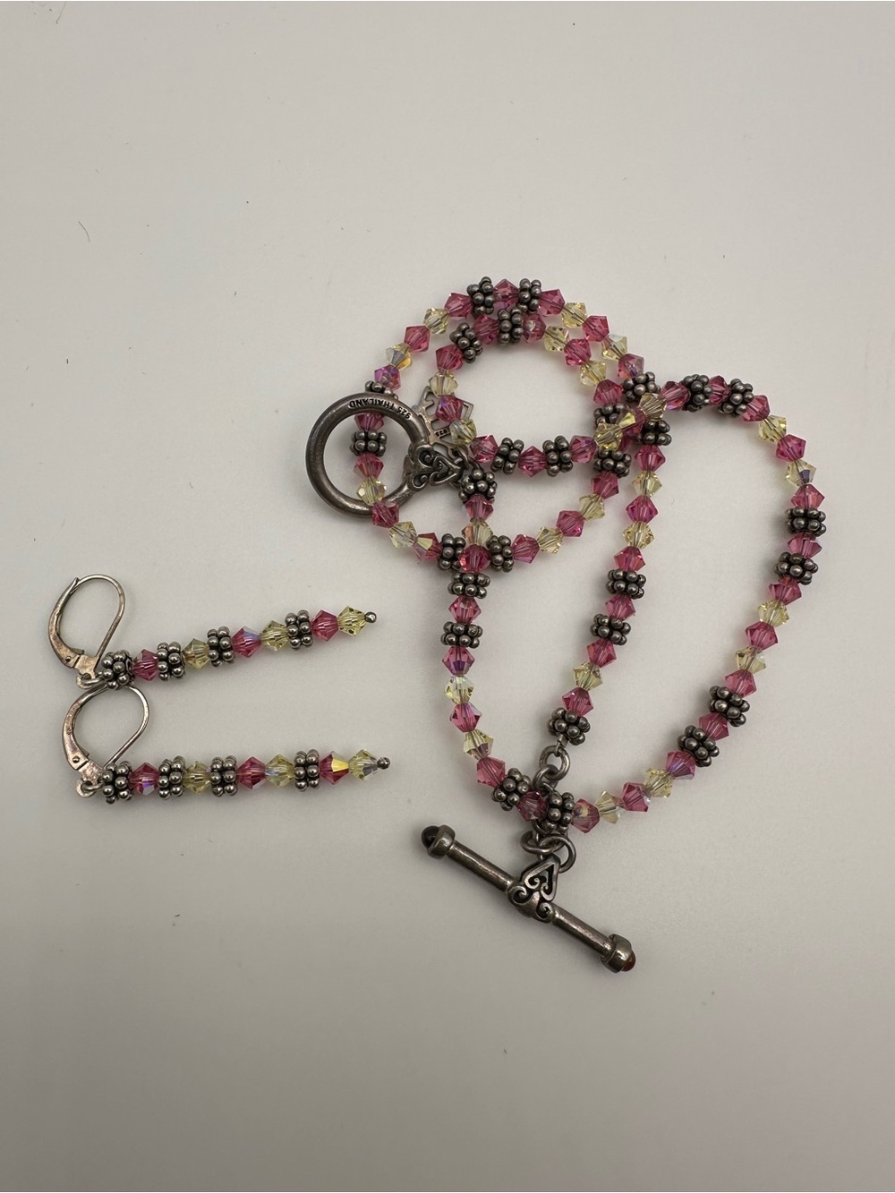 925 Thailand Sterling Silver Pink Beaded Necklace and Earrings Set Approx 15” - Picture 7 of 7